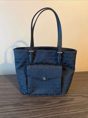 Michael Kors Black Jet Set Monogram Tote with Front Snap Pocket